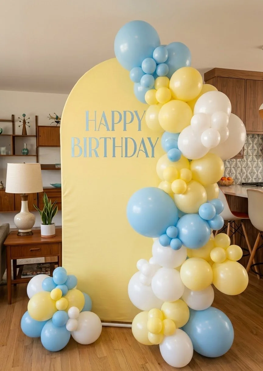 A soft yellow “happy birthday” arch panel with a cascading garland of pale blue, lemon and white balloons in a bright kitchen