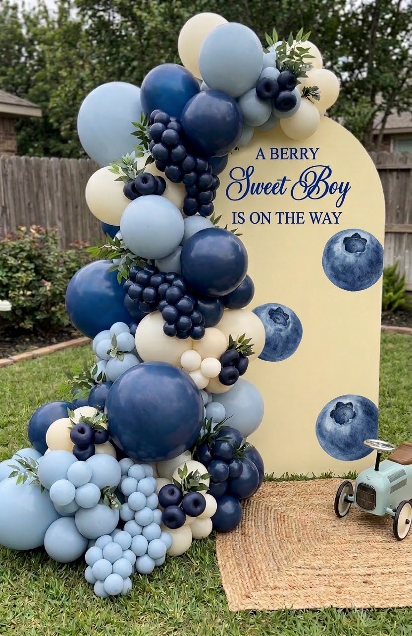 A navy, slate-blue and cream balloon garland with clustered blueberry balloons and greenery beside a cream arch printed with blueberries for a “berry sweet boy” shower