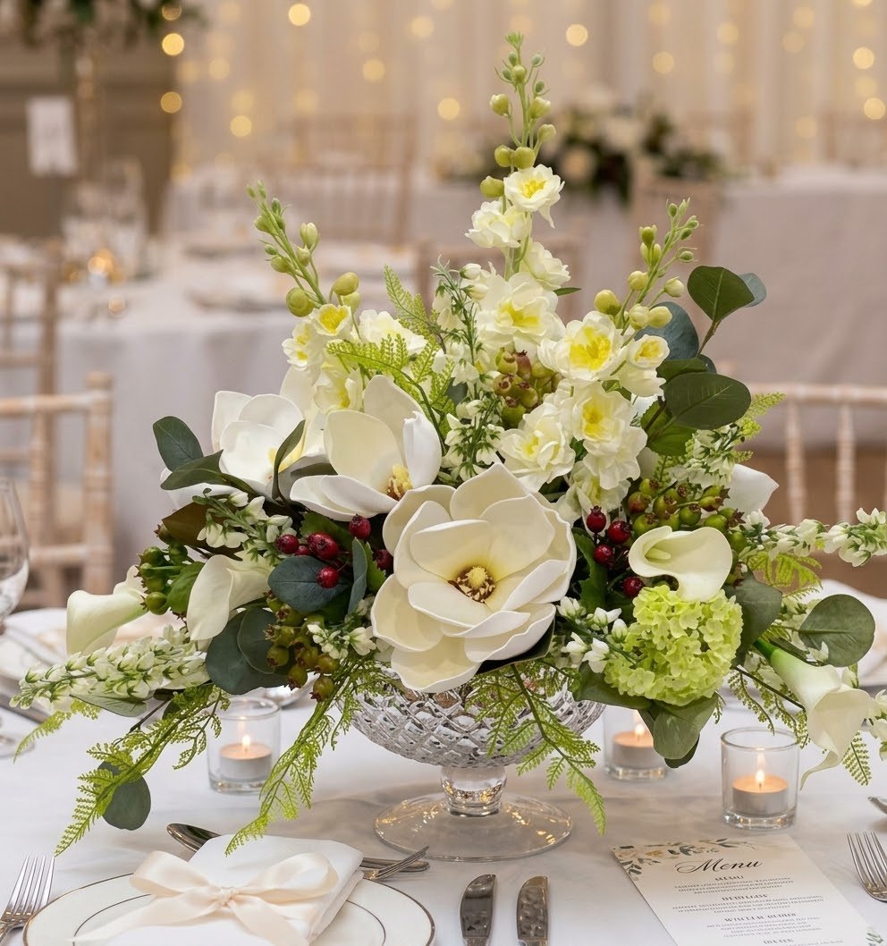 A low centerpiece of white magnolia, cream stock, calla lilies, green viburnum and red berries in a cut-crystal compote on a reception table ringed with votive candles
