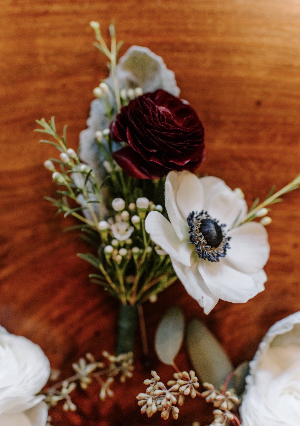 A close study of a burgundy ranunculus and white anemone boutonnière with dusty miller and waxflower on a wooden table