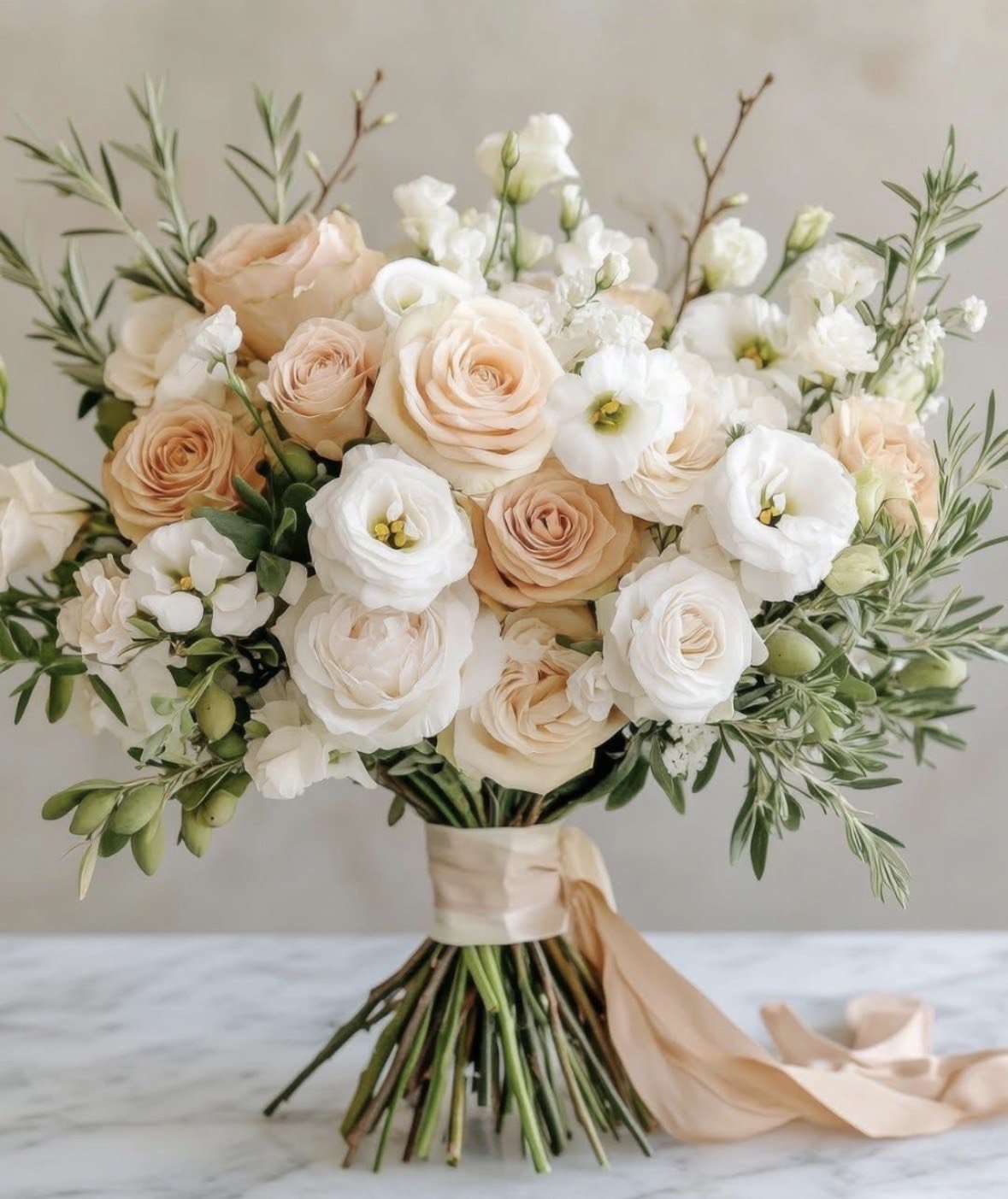 One of Julie's hand-tied bouquets — champagne roses, white lisianthus and olive branches wrapped in silk ribbon on a marble table
